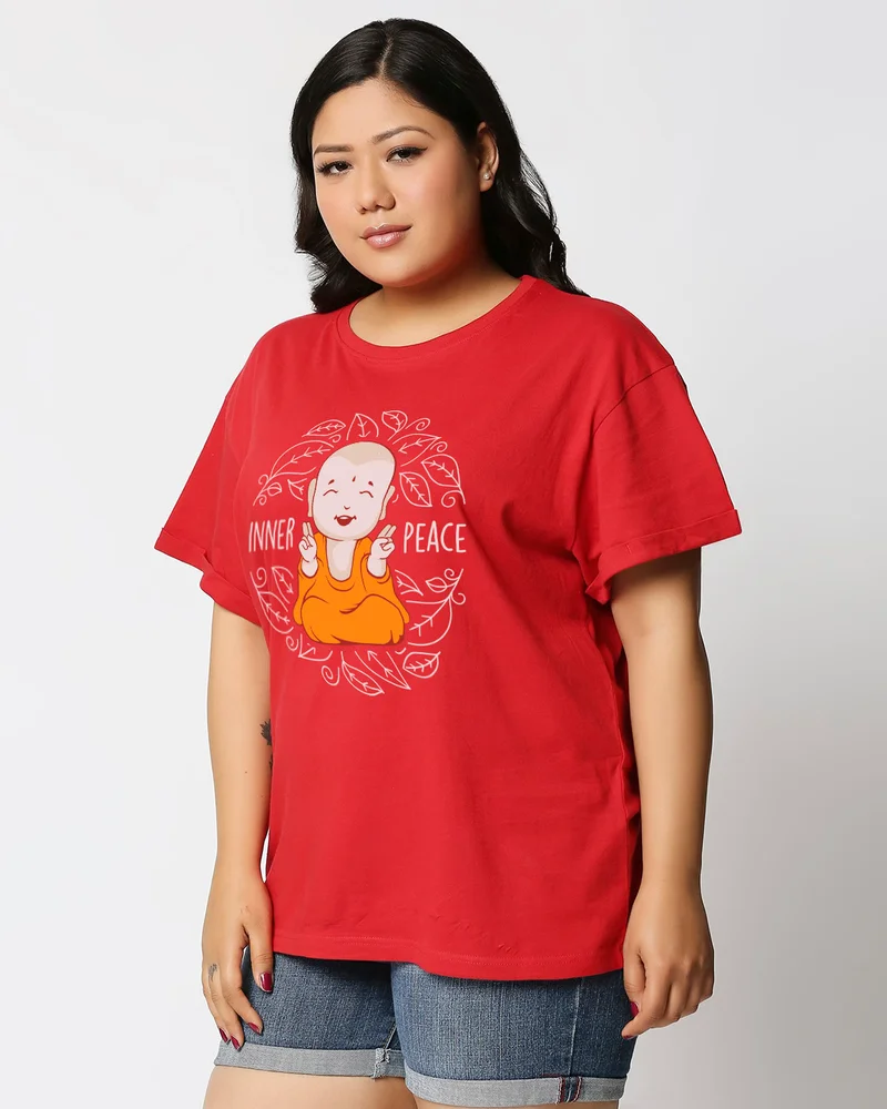 bewakoof Women's Red Inner Peace Graphic Printed Plus Size Boyfriend T-shirt